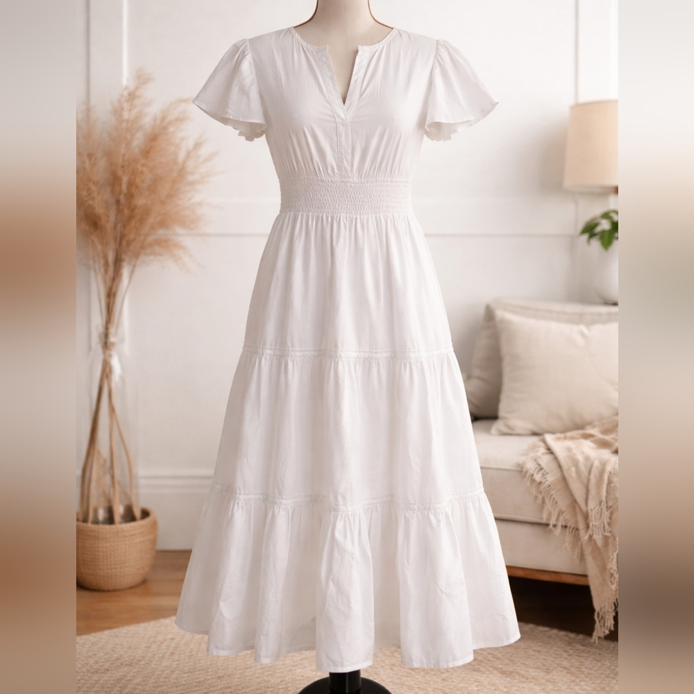 Mable White Cotton Midi Dress Smocked Waist Tiered Flutter Sleeve